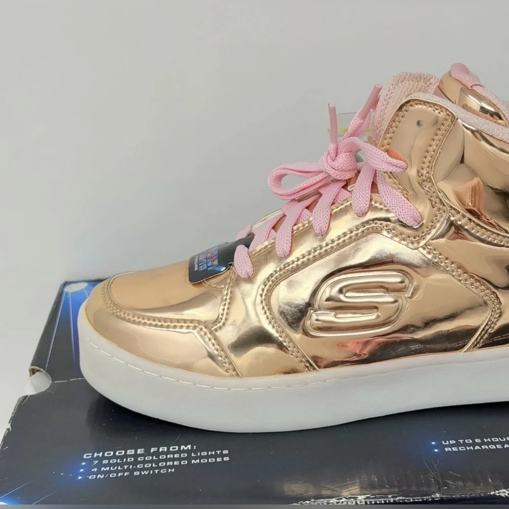 NEW Skechers Energy Lights Rose Gold Metallic LED High Top Shoes Kids 5 TESTED